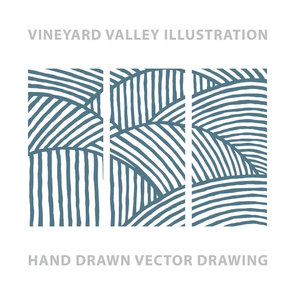 Valley . Vineyard and sunny valley hand drawn illustration.Nature and meadows. Vineyard woodcut style sketch drawing.Landscape abstract background.