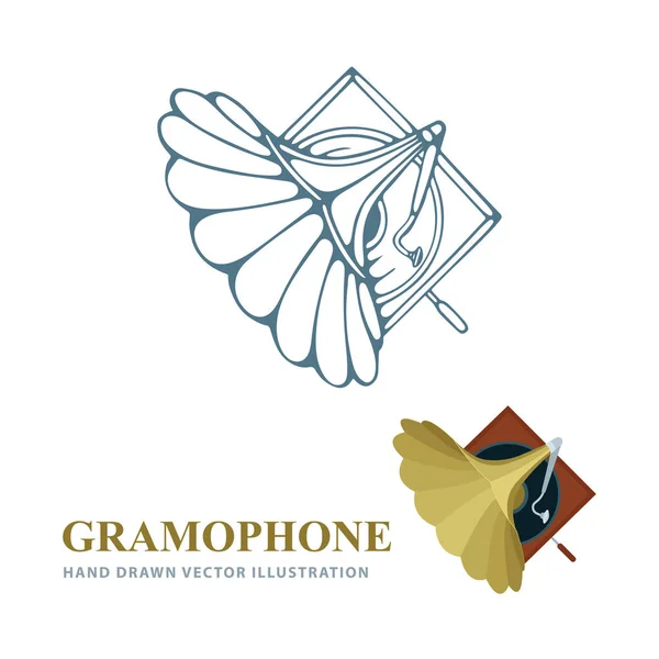 Gramofon Gramophone Kézzel Rajzolt Reális Vektor Illusztrációk Régi Gramofon Top — Stock Vector