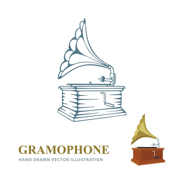 Gramofon Gramophone Kézzel Rajzolt Reális Vektor Illusztrációk Régi Gramofon Oldalnézeti — Stock Vector