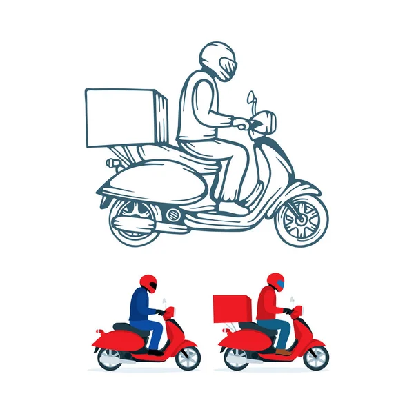 Leveringsscooter Leveringsman Rijden Scooter Motor Scooter Hand Getekend Vector Illustratie — Stockvector