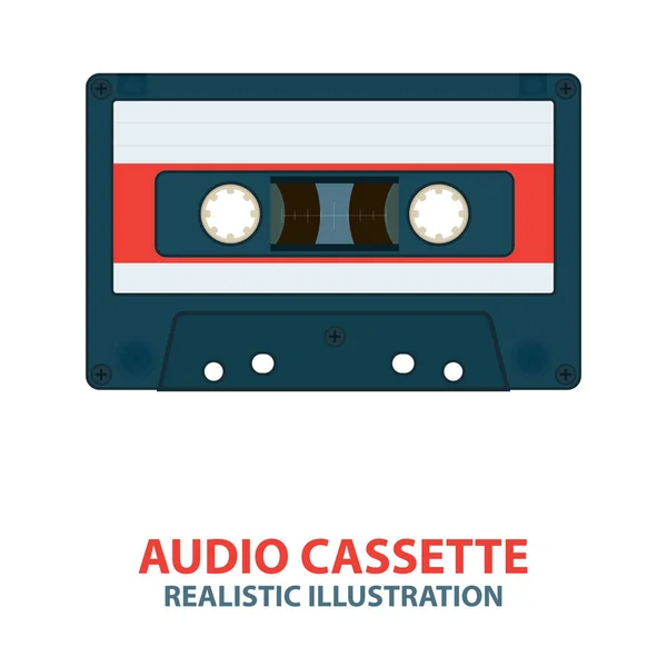 オーディオテープカセット 本物のヴィンテージカセットイラスト 白を基調としたシンプルなフラットデザインのレッドラベルの旧テープカセット レトロ音楽のコンセプト — ストックベクタ