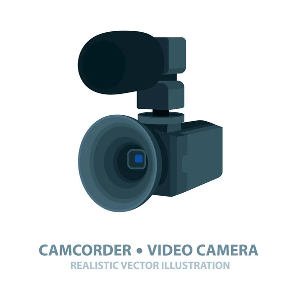 キャンコーダー 現実的なビデオカメラのイラスト 外部マイクと広角レンズ付きデジタルカメラ — ストックベクタ