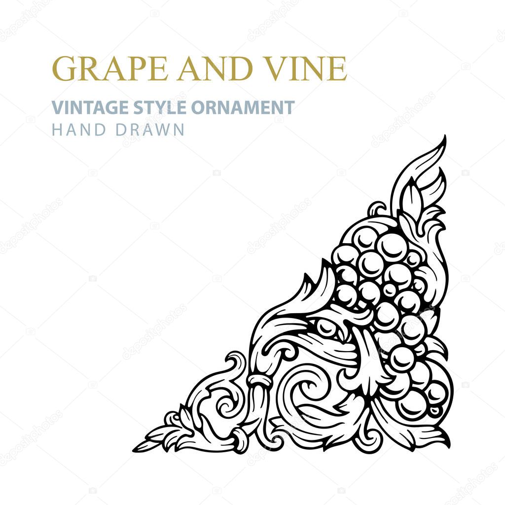 Grape and vine corner triangle ornament. Hand drawn grape and vine engraving style illustration. Bunch of grapes vector design element. Wine theme grape and vine vintage style ornament.  Part of set.