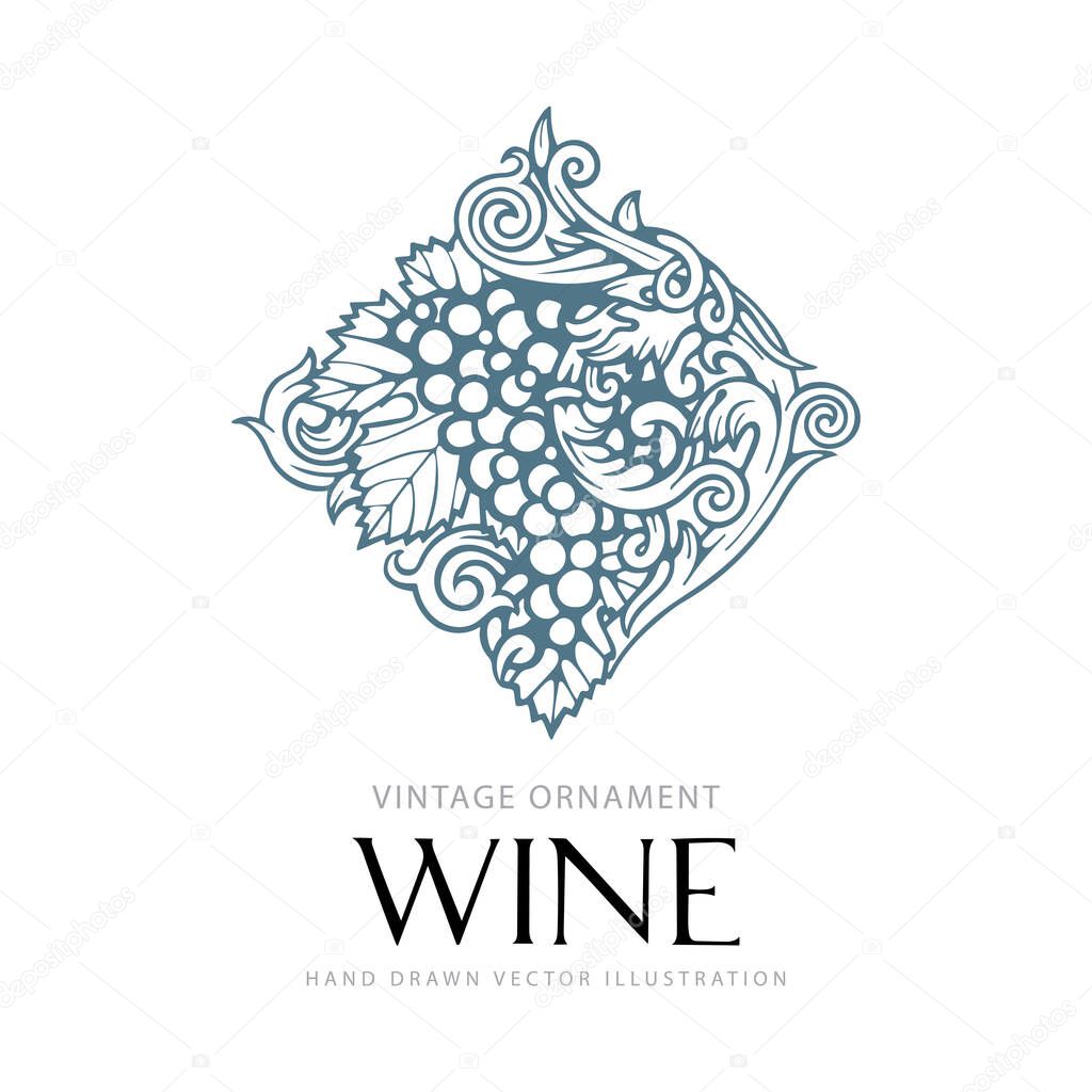 Grape and vine. Vector lettering Wine. Hand drawn grape and vine ornament with text wine. Bunch of grapes vector design element.  Wine theme vintage style ornament.