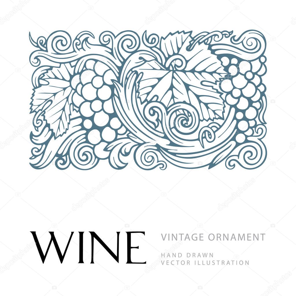 Grape and vine. Vector lettering Wine. Hand drawn grape and vine ornament with text wine. Bunch of grapes vector design element.  Wine theme vintage style ornament.