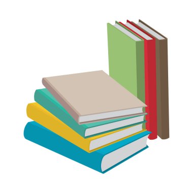 Kitap. Düz stil, renkli kapaklı izometrik çizim kitapları vektör illüstrasyonları koleksiyonu. Kümenin bir parçası.