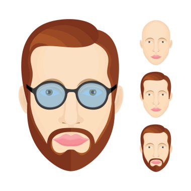 Erkek karakter portreleri seti. Erkek kullanıcı profili işareti. İnsan avatar sembolleri koleksiyonu. Farklı saç stilleri, gözlüğü ve sakalı olan genç bir adam. Kümenin bir parçası.