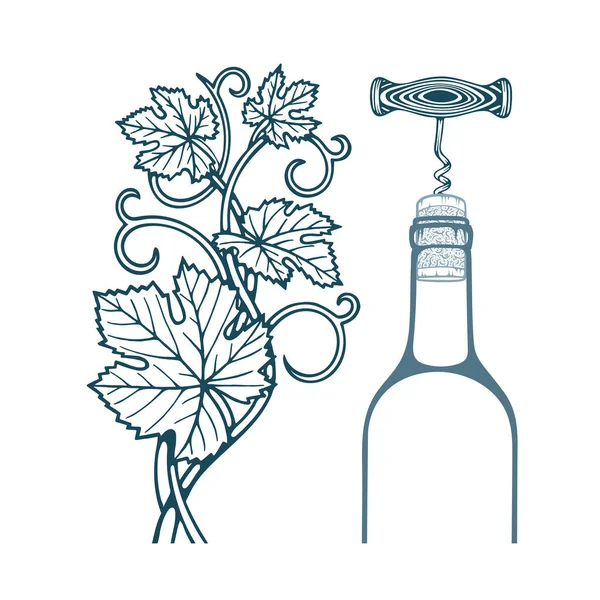 Ilustración Vid Hojas Uva Elaboradas Mano Sacacorchos Corcho Botella Vino — Vector de stock