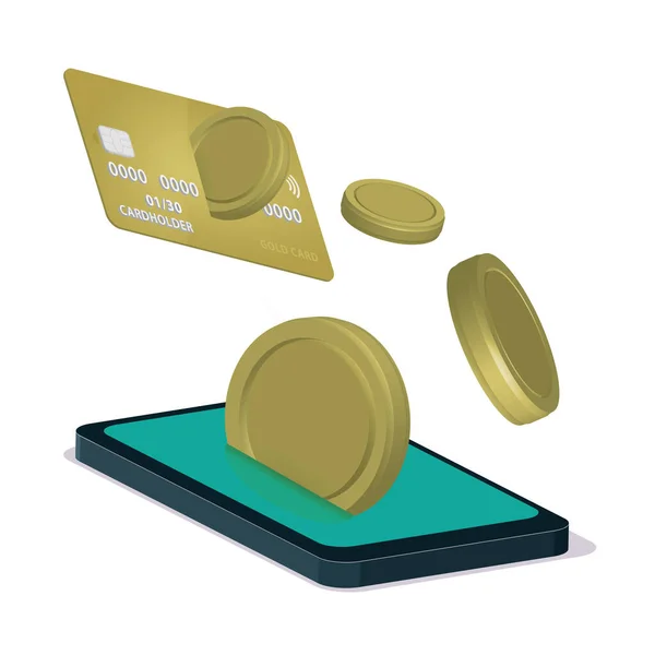 Virtuelle Geldüberweisung Mit Handy Anwendung Bankkarte Handy Und Münzen Illustration — Stockvektor
