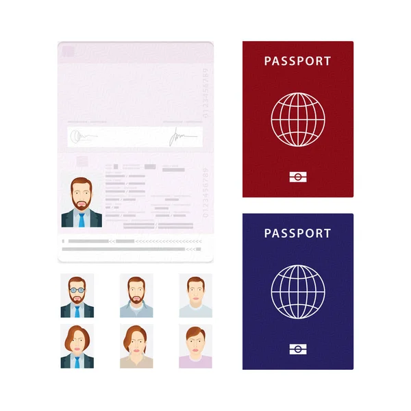 Passaporte Abra Passaporte Internacional Com Diferentes Fotos Masculinas Femininas Parte —  Vetores de Stock