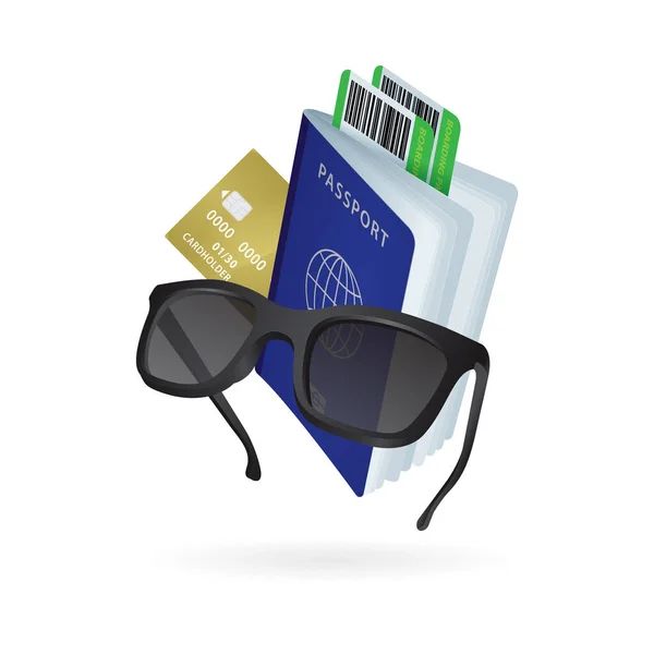 Offener Reisepass Fahrkarten Kreditkarte Und Sonnenbrille Vektor Illustrationen Sammlung Reisekonzept — Stockvektor
