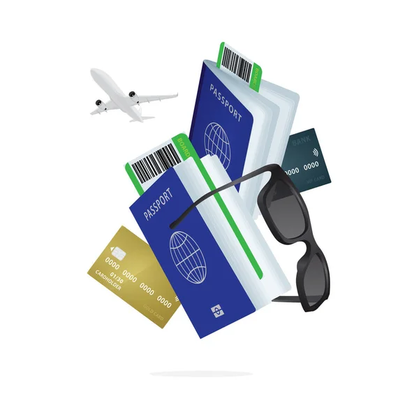 Passeport Billets Voyage Carte Crédit Lunettes Soleil Vol Collection Illustrations — Image vectorielle