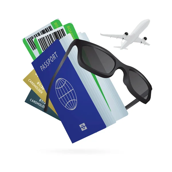 여행권 신용카드 선글라스 비행기 그래픽 세트의 — 스톡 벡터