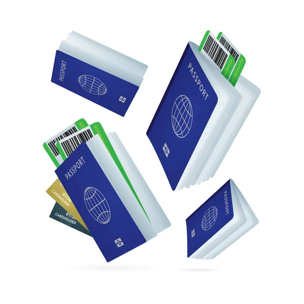 Offener Reisepass Fahrkarten Kreditkarte Und Sonnenbrille Vektor Illustrationen Sammlung Reisekonzept — Stockvektor