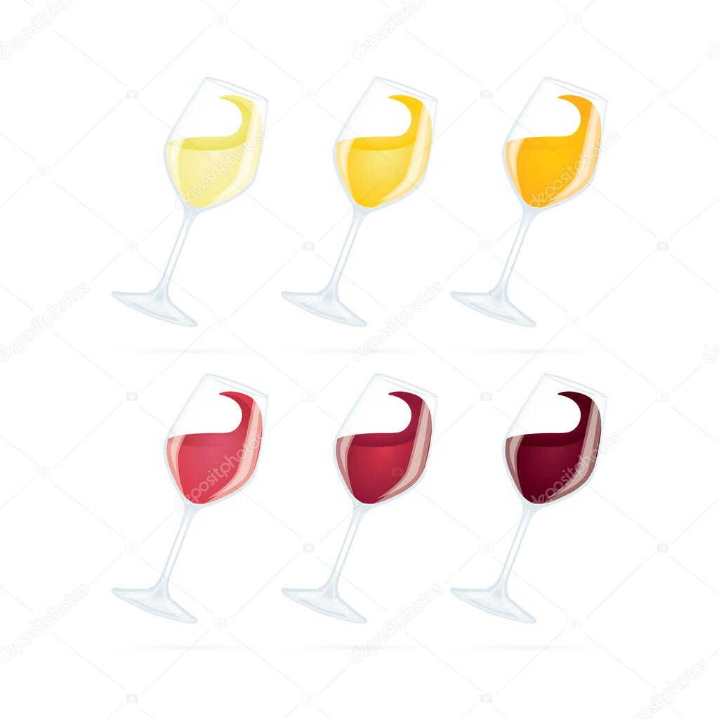 Wine glass. Wine glasses with different color wines, side view vector illustration. Wine colors concept. Part of set.
