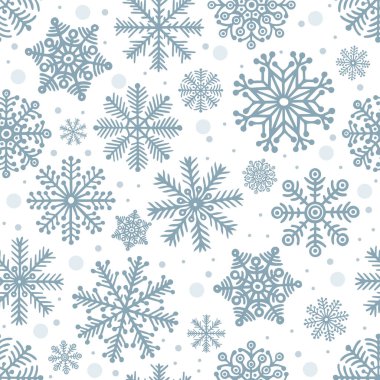 Kar taneleri pürüzsüz arka plan. El çizimi farklı kar taneleri sonsuz donmuş doku. Kış tatili şafak sökerken pürüzsüz olur. Farklı kar taneleri çizen çizimler. Kümenin bir parçası.