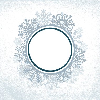 Kar taneleri ve donmuş dokularla çerçevelenmiş. Kış tatili şafak vakti tebrik kartı tasarımı. Farklı kar taneleri çizen çizimler. Kümenin bir parçası.