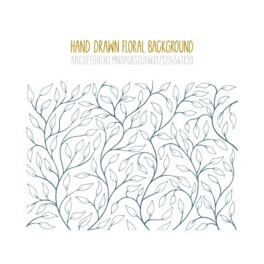 Çiçek arkaplan. Elle çizilmiş çiçek arkaplanı ve el yazısı alfabesiyle davetiye tasarımı şablonu. Klasik çiçek desenli çizim..