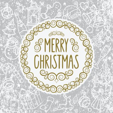 Mutlu noeller. Karalama geçmişi olan klasik bir Noel tebriği. Noel 'de eski bir resim çizdim. Tatil işaretleri ve sembolleriyle Noel illüstrasyonu.