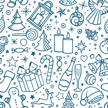 Noel ve yeni yıl tatilleri sorunsuz geçer. Noel ve Yeni Yıl karalama dekorasyonu sonsuz arka plan elementleri. Kümenin bir parçası.
