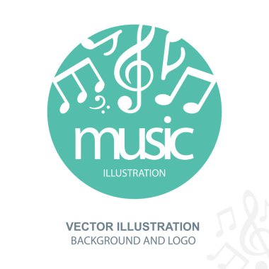 Müzik logosu. Müzik temalı yuvarlak amblem, notalar ve notalar. Kümenin bir parçası.