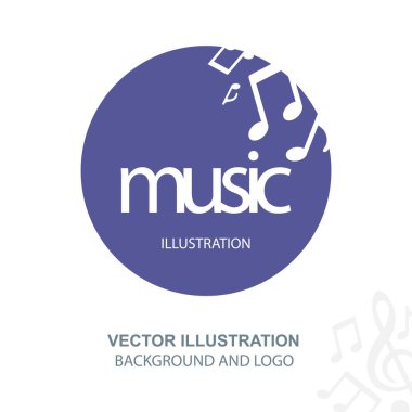 Müzik logosu. Müzik temalı yuvarlak amblem, notalar ve notalar. Kümenin bir parçası.