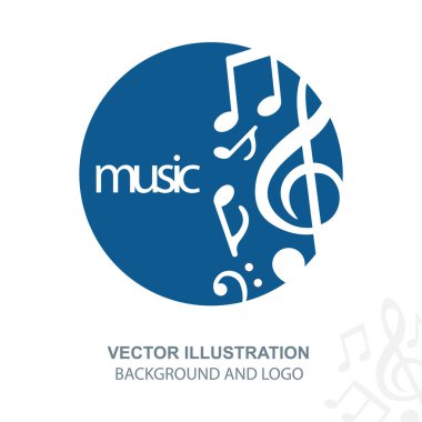 Müzik logosu. Müzik temalı yuvarlak amblem, notalar ve notalar. Kümenin bir parçası.