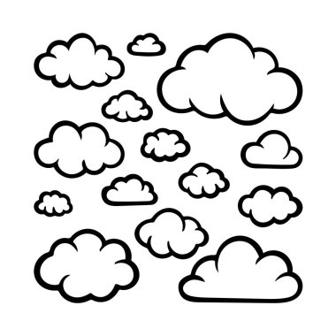 Bulutlar. El çizimi bulutlar beyaz arkaplanda izole edilmiş çizimler oluşturur. Bulutlar çizim yapıyor. Çizgi film tarzı karalama bulutları. 