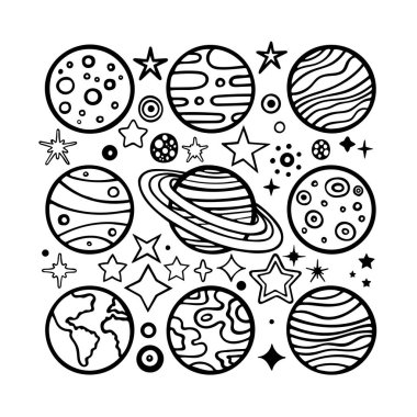 Gezegenler ve yıldızlar. El çizimi gezegenler ve farklı şekilli yıldız vektör çizimleri. Gezegenler çizim yapıyor. Doodle gezegenleri ve yıldızları. Kümenin bir parçası.