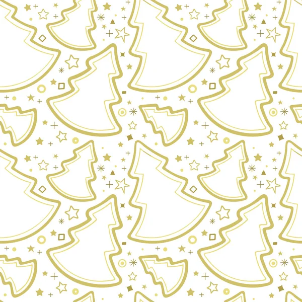 Zielone Choinki Złote Gwiazdy Płynny Wzór Ręcznie Rysowane Choinki Gwiazdy — Wektor stockowy