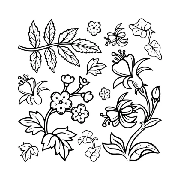 手描きの花や植物コレクション 花のデザイン要素を描くスケッチ フラワーオーナメントコンストラクター 集合の一部 — ストックベクタ