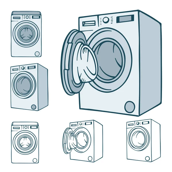 Machine Laver Machine Laver Dessinée Main Illustrations Ensemble Lave Linge — Image vectorielle