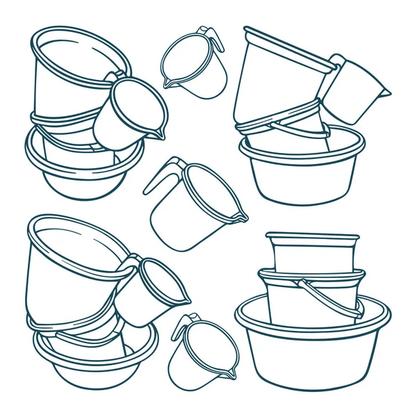 水罐矢量图集 手绘水桶 水盆和水桶的收集 手洗设备草图 成套服务的一部分 — 图库矢量图片