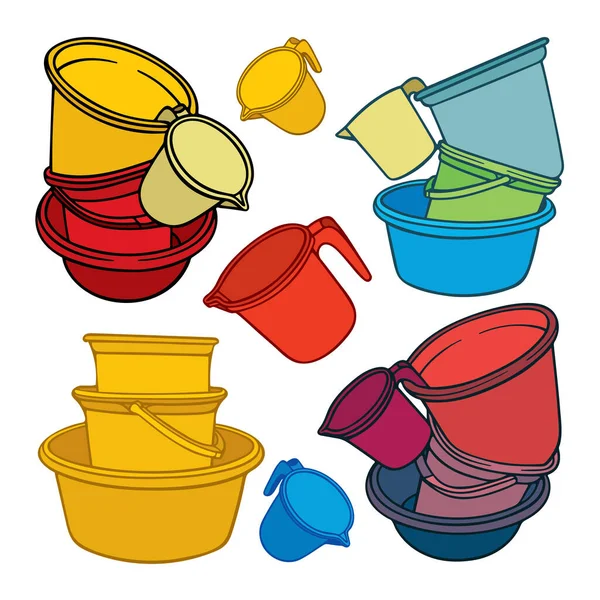 水罐矢量图集 手绘水桶 水盆和水桶的收集 手洗设备草图 成套服务的一部分 — 图库矢量图片