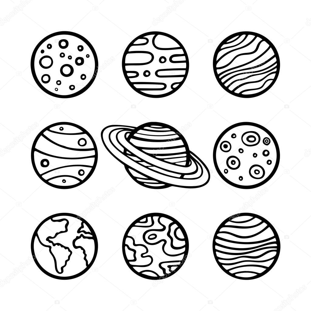 Solar system planets. Hand drawn planets vector illustration set. Planets sketch drawing. Doodle planets. Part of set.