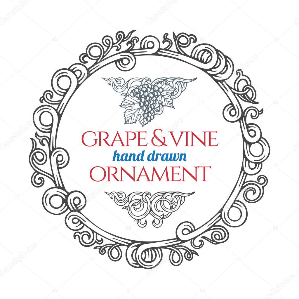 Grape and vine wreath, ornament and design element.  Hand drawn grapevine engraving style oval frame. Bunch of grapes sketch drawing vector illustration. Part of set.