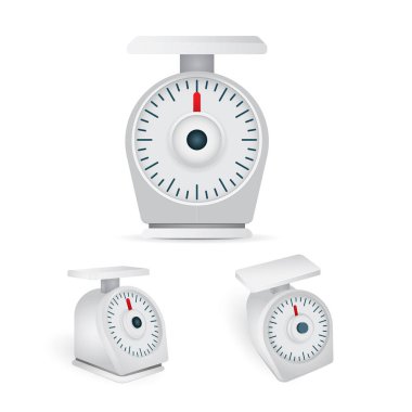 Mutfak pulları. Mutfak ölçekleri, beyaz arka planda izole edilmiş gerçekçi vektör çizimleri. Ağırlık ölçekleri izometrik grafik koleksiyonu. Kümenin bir parçası. 