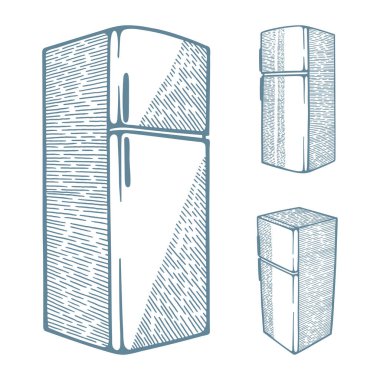 Buzdolabı. Çift kapılı buzdolabı koleksiyonu çizimi. El çizimi üst katlı buzdolabı çizimleri beyaz arka planda izole edilmiş. Kümenin bir parçası.