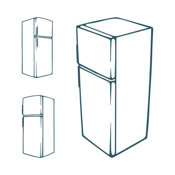 冷冻机 素描画双门冰箱收藏 手绘顶部安装冰箱图解隔离在白色背景 成套服务的一部分 — 图库矢量图片