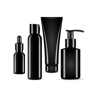 Sakal bakımı. Gerçekçi sakal bakımı kozmetik şişeleri ve paket vektör çizimleri beyaz arka planda izole edilmiş. Gerçekçi şişe, tüp, şeker kutusu ve sakal bakımı kozmetiği için kap. Kümenin bir parçası.