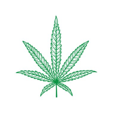 Esrar. Beyaz arka planda kenevir yaprağı çizilmiş vektör çizimi. Marihuana yaprağı çizimi. Kümenin bir parçası.