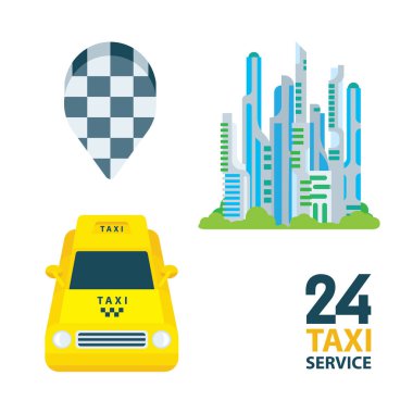 Taksiyle. Isometric taksi ve gelecekteki şehir vektör çizimleri koleksiyonu. Düşük polimerli taksi arabası grafiği. Taksi sipariş konsepti. Kümenin bir parçası.