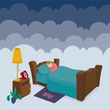 Yatakta uyuyan kadın, arka planda bulutlar. Kadın kendi kötülüğünün içinde huzur içinde yatıyor. İyi geceler uykusu metaforu. Kümenin bir parçası.