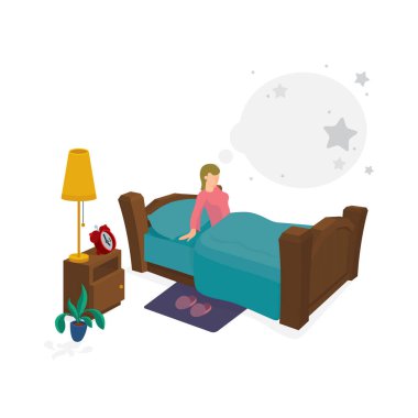 Genç kadın arka planda bulutlarla birlikte yatakta oturuyor. Kadın karakter uyandıktan sonra yatakta oturuyor. Kümenin bir parçası.