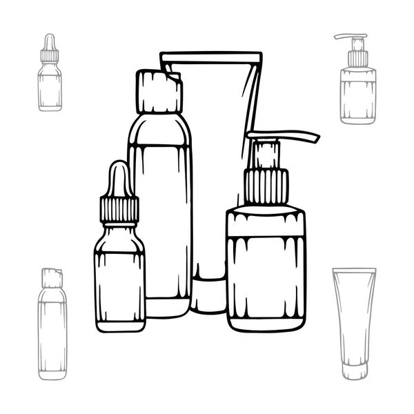 Cosmetische Flessen Pakjes Handgetekende Cosmetische Flessen Vector Illustraties Geïsoleerd Witte — Stockvector