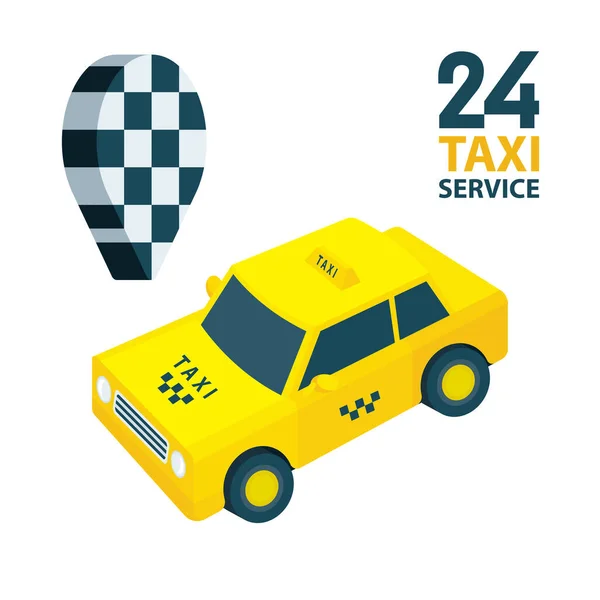 出租车 等距出租汽车和地图销矢量图解收集 低聚合体汽车图形 出租车秩序的概念 成套服务的一部分 — 图库矢量图片