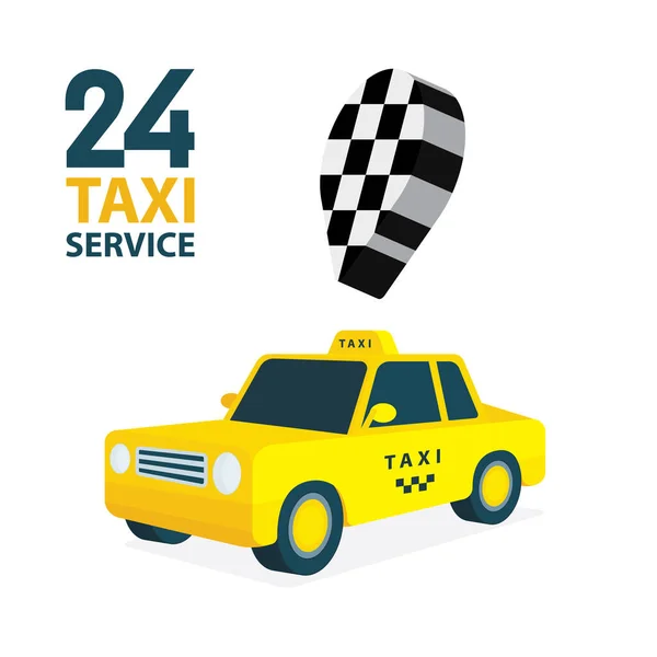 24出租车服务 等距出租汽车和地图销矢量图解收集 低聚合体汽车图形 出租车秩序的概念 成套服务的一部分 — 图库矢量图片