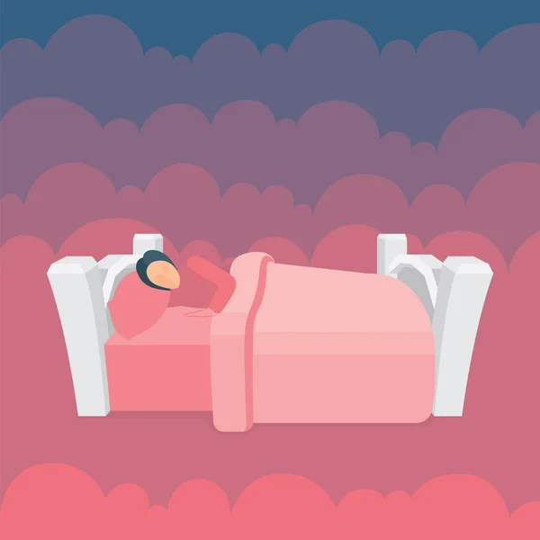 Egy Alvó Ágyban Felhőkkel Háttérben Békésen Pihen Rosszban Éjt Alvás — Stock Vector