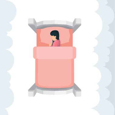 Yatakta arka planda bulutlar olan uyuyan kadın manzarası. Çizgi film stili kadın karakteri hatasında huzur içinde yatıyor. İyi geceler uykusu metaforu. Kümenin bir parçası.