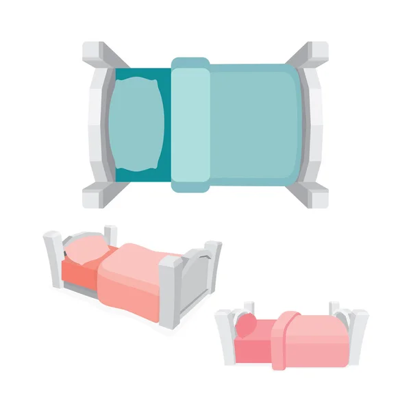 卡通风格的白色床矢量插图集 不同方面的观点 — 图库矢量图片